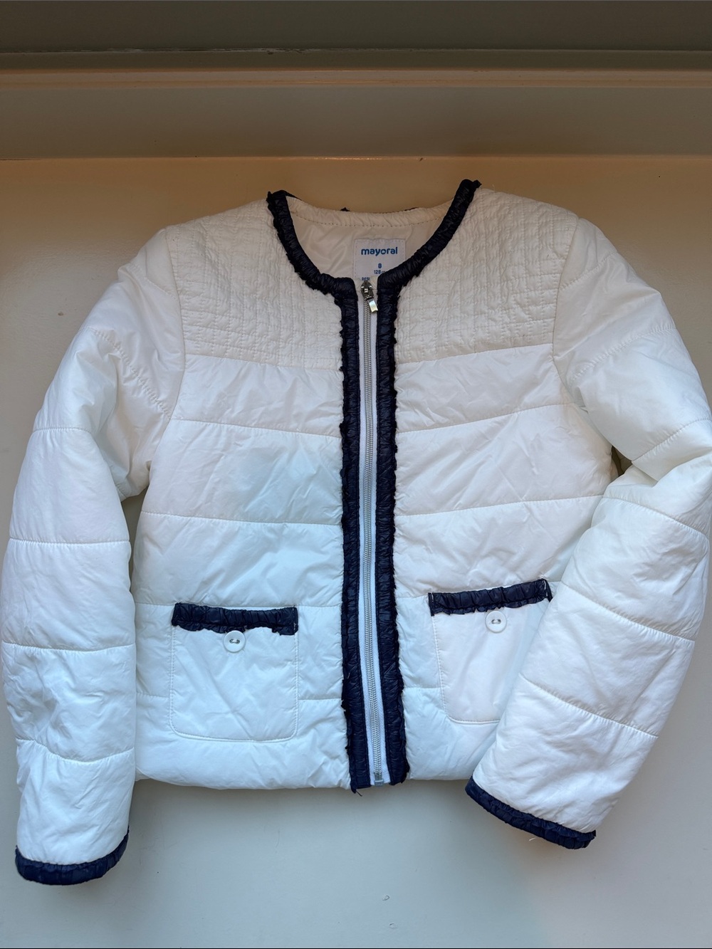 EUC Mayoral White Quilted Jacket with Navy Trim RRP $120